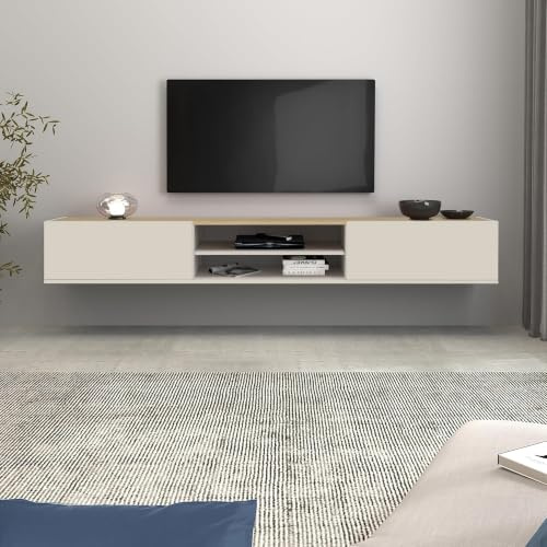 WHOUS Mobile Porta TV Sospeso GARDA per Soggiorno con 2 Ante a Ribalta e 1 Ripiano Centrale, Mobile Tv a Parete per Salotto, 210x35x30 cm, Cashmere e Rovere Chiaro