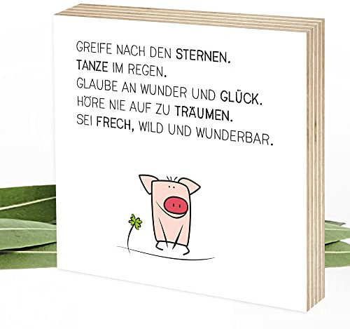 Wunderpixel® Holzbild Glück-Schwein - Greife nach den Sternen 15x15x2cm zum Hinstellen/Aufhängen, echter Fotodruck mit Spruch/Illustration auf Holz - Wand-Bild Aufsteller Dekoration Geschenk-Idee