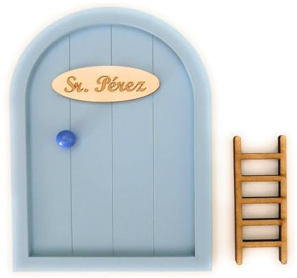 Ratoncito Pérez Puerta Mágica de Madera con Escalera y Felpudo | Incluye Adhesivo | Fácil de Colocar, Decorativa para Niños | Accesorios Habitaciones Infantiles, Azul Bebé