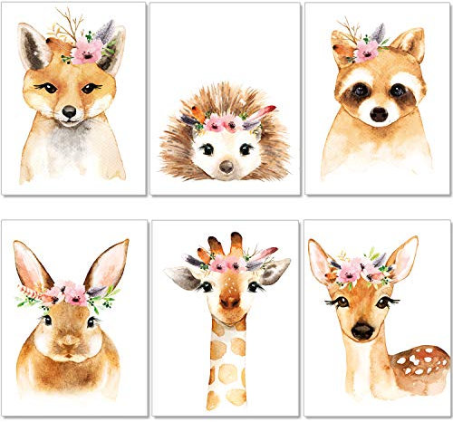 artpin® Set de 6 Affiches pour Chambre d'enfant- posters de bébé Fille - Animaux de la forêt décoration Murale DIN A4 - Lapin igel cerf renard girafe P39