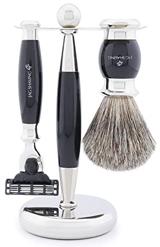 Jag Shaving Rasierset - 3-teiliges Rasierset mit Rasierpinsel - 3 Rasierklingen Rasierhobel - Super Dachshaar Rasierpinsel - Rasierständer - Schwarz Rasierset als Geschenkset
