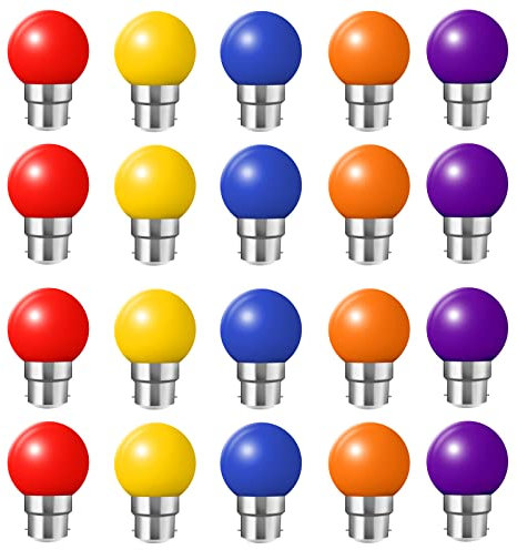 20x B22 Bayonet Cap LED Coloured Light Bulb Mini Globe Golfball Bulbs for Outdoor Patio Garden Party Christmas(Red Yellow Blue Orange Violet)…=