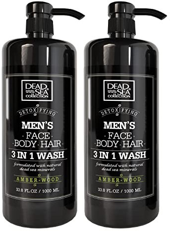 Dead Sea Collection Men’s Body Wash - Pack of 2 (67.6 Fl. Oz) - Amber wood 3 in 1 Body Wash for Men - Face Wash for Men with Shower Gel for Men and Shampoo for Men to Keeping You Feeling Fresh & Cool
