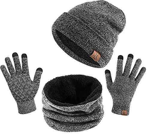 TAGVO Winter Beanie Hut, Schal, Touchscreen Handschuhe 3 in 1 Warmes Zubehör Kit, Weiches Fleece Innenfutter Tolles Warm, Stretchy Strick Beanie Cap, Elastischer Nackenwärmer