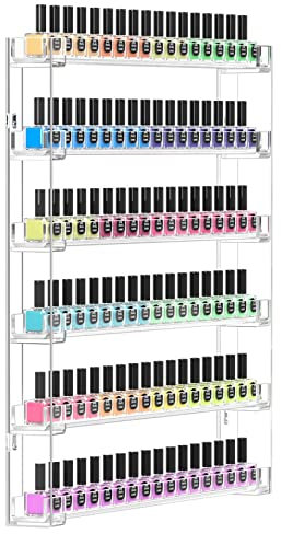 FEMELI Nail Polish Wall Rack Hold Up To 100-120 Bottles,Clear Acrylic Nail Polish Display Holder Organizer 6 Rows