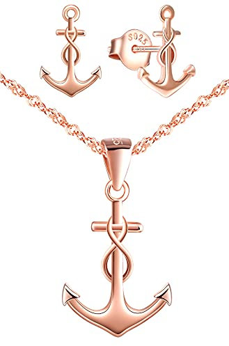 INFINIONLY Damen Mädchen Halskette Anhänger Ohrringe, 925 silber schmuck-sets, Anchor halskette ohrringe, anhänger ohrstecker mit anker und unendlichkeitssymbol, damen schmuck-set, rose gold