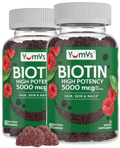 YumVs Biotin Gummies 5000mcg - Luscious Raspberry Flavor - Thicker Faster Hair Growth Gummies for Women or Men - Hair, Skin & Nails Vitamins - Hair Gummy - Vegetarian Biotin Supplement (60 Ct., 2pk)