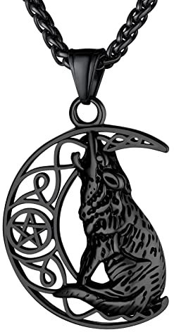 Bandmax Herren Jungen Halskette mit Pentacle und Mondwolf Anhänger Wikingerkette Schwarzes Halskettchen Klassische Halskette aus Edelstahl Modeschmuck Wikinger Schmuck