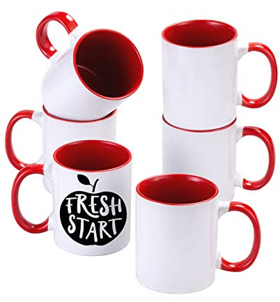 Cutiset Taza de cerámica de 11 onzas con colores rojos en el interior y asa, tazas de sublimación, taza de cerámica blanca, tazas de bricolaje, tazas aptas para microondas y horno a granel, juego de 6