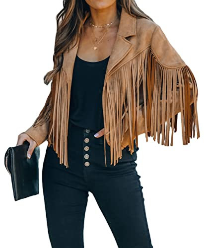 loveimgs Veste de moto en cuir synthétique avec franges pour femme, camel, Small