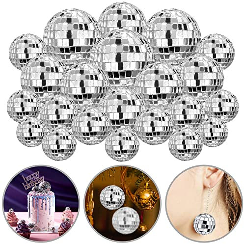 45 PCS 0.78 Inch 1 Inch 1.18 Inch 1.57 Inch 2 Inch 2.36 Inch Disco Ball Cake Decoration Ornaments Reflective Mirror Ball Cake Decoration 70s Disco Themed Party Christmas Tree Decoration