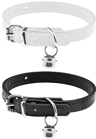 ECSiNG 2 Stück Katzenhalsband mit entfernbarer Glocke PU-Leder Katzenhalsbänder für 15-23cm Halsumfang Verstellbare Länge, 1cm Breite, Schwarz & Weiß