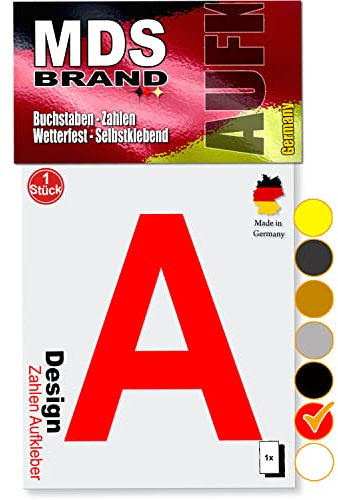 MDS Brand 10cm Design Buchstaben Aufkleber A-Z Selbstklebende Klebebuchstaben | Wetterfest Alphabet zum Aufkleben für Briefkasten, Auto, Mülltonne, Vinyl Buchstaben für Außen & Innen (Rot, A)