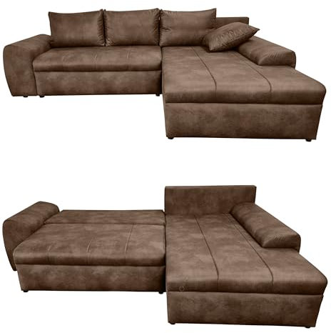 Vintage Ecksofa mit Schlaffunktion und Bettkasten 266x186 cm, Wellenunterfederung, Ottomane rechts, gemütliche Lounge Couch mit Mikrofaser-Stoff in Leder-Optik Braun / 18011