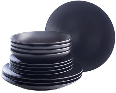 Porto by Stone Lain Semplice 12-Piece Premium Kitchen & Dining Dinnerware Set Stoneware, Black Matte, Crafted in Portugal, Dishwasher and Microwave Safe Scratch-Resistant Dish Set for 4