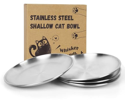 Petdream 4 Pcs Wide Whisker Friendly Cat Dishes Set 6.7, Stainless Steel Cats Bowls, Shallow Food Bowl, Indoor Kitten Feeding Wet & Dry Food Dish to Prevent Whisker Fatigue(13 OZ)