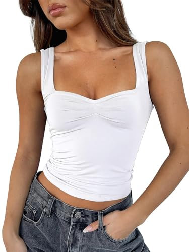 FOFAINWE Y2K Clothes Träger-Tops Für Damen - Plissee Bustier Sexy Rückenfrei Ausgehen Tops Ärmellos Cute Frauen Crop (Weiß,S)