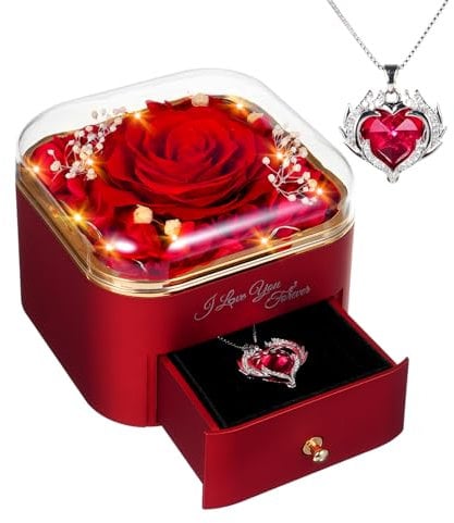 GOICC Rosa Eterna Stabilizzata Idee Regalo Donna, Mamma, Moglie, Rosa Eterna con Collana Regali per Lei - Rose Stabilizzate Valentino Regalo, Festa della Mamma, Natale, Anniversario (Rosso)