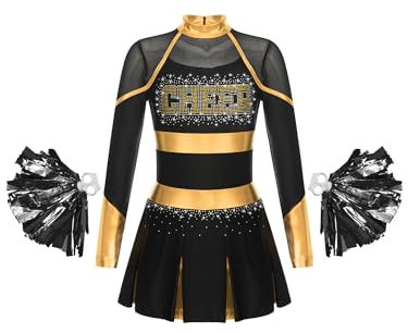 MSemis Mädchen Cheer Leader Cheerleading Kostüm Langarm Schulmädchen Uniform mit Pom Pom Karneval Fasching Party Halloween Kostüm Schwarzes Gold 146-152
