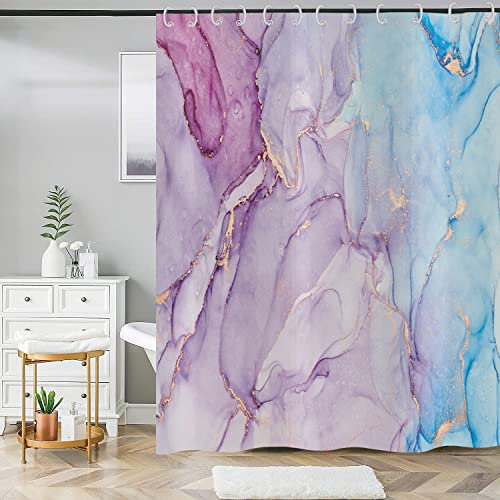 ASDCXZ Marmor Duschvorhang 180x220 cm, Modern Abstrakt Lila Gold Blau Marmor Optik Textur Bad Waschbar Duschvorhänge Polyester Textil Wasserdicht Badevorhang für Badewanne mit 12 Haken