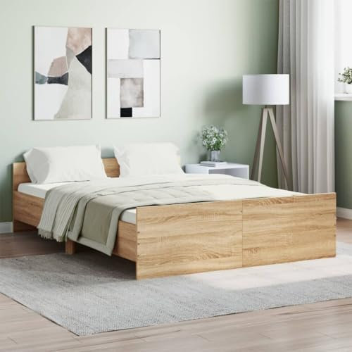 Festnight Bett 135x190 cm Holz Holzbett Massivholzbett Bettgestell mit Lattenrost Einzelbett Doppelbett Bettrahmen Jugendbett Sonoma Eiche