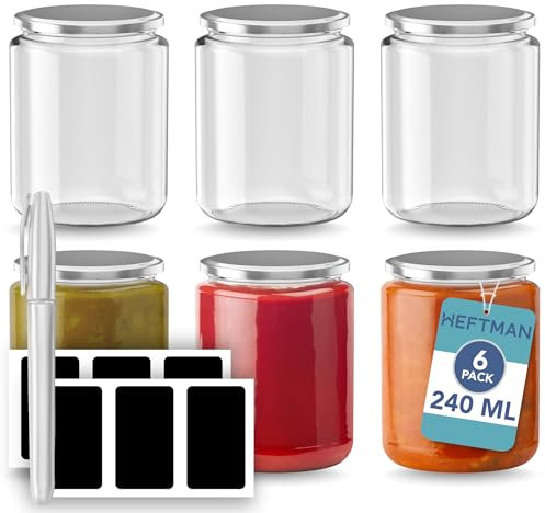 HEFTMAN Glass Jars with Lids - 6 Pack 240ml Reusable, Clear Jam Jars with Silver Airtight Lids, Labels & Pen - Ideal for Food Storage, Overnight Oats, Jams, Chutney, Pickling, Kitchen Organisation