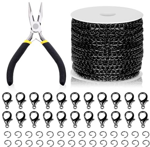 Swpeet 102Pcs Schwarz 3mm um 10 Yard Länge Schmuck Herstellung Ketten Kit mit Jump Ringen, Hummer Verschlüsse und Schmuck Zange, Halskette Ketten Kabelglied Kette Bulk Ideal für DIY Kette Herstellung