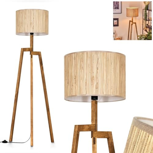 Stehleuchte Bongal, Stehlampe aus Holz/Seegras in Natur/Beige, Leuchte im skandinavischen Design mit rundem Schirm (Ø 40 cm) u. Fußschalter, Höhe 162 cm, 1 x E27, ohne Leuchtmittel