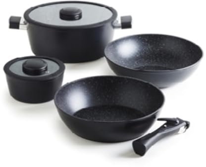Qulinart - Stapelbares Topfset aus Hochwertigem Aluminiumguss - 5 Teile mit Abnehmbarem Griff + 2 Töpfe in 28 cm & 16 cm + Pfanne 28 cm + Wok 28 cm - Schwarz