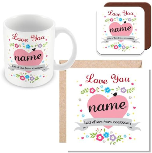 MUGGZ Personalised - Mug, Card & Coaster with Love You Name Nan Nanna Nannie Gran Grandma Auntie Neice or Any Name - Love Heart & Flowers Design Cup - Giftset - Made in The UK