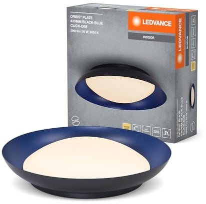 LEDVANCE Orbis Plate LED-Deckenleuchte, schwarz-blau, 35W, 1700lm, 3000K, 430mm, 830 freundliches Warmweiß, durch Kicken in 3-Stufen dimmbar, IP20 Schutz, Montageschrauben und Dübel inklusive