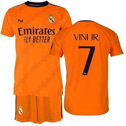 Real Madrid - Ensemble maillot et pantalon saison 24/25, Vini Jr., enfants 10 ans, réplique avec licence officielle, orange, 10 ans
