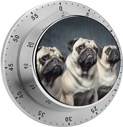 Timer, lustiger Mops-Druck, visueller Timer, mechanischer Küchentimer, Edelstahl, Countdown-Timer, 60-Minuten-Aufzieh-Timer