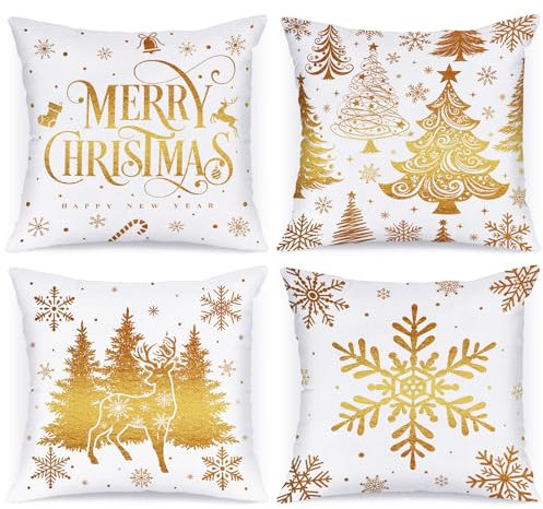 Lanpn 40 x 40 cm 4 Stück Kissenbezug Weihnachten, 40x40 cm Weihnachtsbäume Kissenbezüge Weihnachtsdeko, Gold deko Weihnachtsbäume Zierkissenbezug, Winter Kissenhülle Dekoration für Sofa Bed Couch