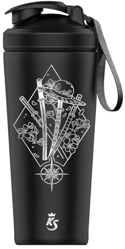 KING SHAKER Edelstahl Shaker Hat & Sword - schwarz, 750ml, auslaufsicher - Spülmaschinenfest - BPA frei - mit Mixball und Trageband (BULK)