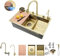 Bokaiya Fregadero de Cocina, Cascada de Acero Inoxidable Raindance Nano Fregadero, Multifuncional con Grifo Extraíble, Tabla de Cortar, Lavavasos, Rainfall Fregadero Cocina 1 Seno 80x45x21cm (Oro)