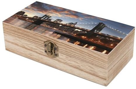 Dwrepo Aufbewahrungsbox aus Holz mit Scharnierdeckel und Frontverschluss, große Erinnerungsbox, New York Bridge, dekorative Box, Holz-Geschenk-Box, Vintage-Holzaufbewahrung, Organizer,
