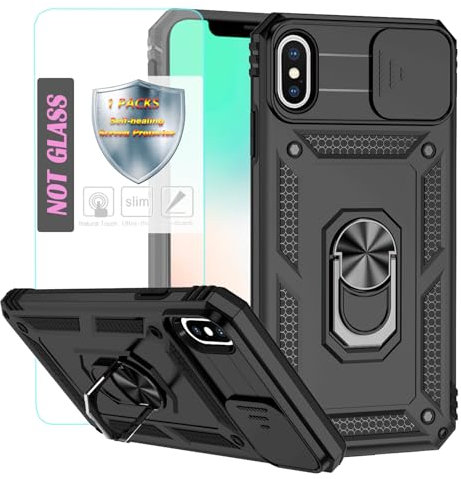 YmhxcY Handyhülle Für iPhone XS Max Hülle,[mit 1 Stück Schutzfolie],360°Drehen Metallständer，Stoßfester Schutz Hartschale，Mit Kameraschutz，for iPhone XS Max case-Schwarz