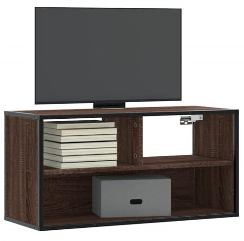 Homgoday Meuble TV en chêne marron 80 x 31 x 39,5 cm en bois multicouche métallique, meuble TV meuble bas pour TV pour table de salon industrielle, support TV salon