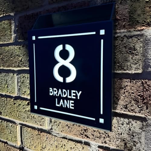 Personalised 45 LEDs Illuminate Modern Square Solar House Sign Plate, Customised Door Address Line Name Number Plaques for Gate Wall Porch Light with Address Display UV Stable Weather-proof | 18×18cm