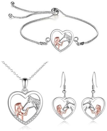 FDCGAS pferde mädchen geschenk,3 pcs Mädchen und Pferd Halskette,Armband,Ohrringe Silber Herz Anhänger Halskette Geschenke für Mädchen Freundin Ehefrau Mutter Tochter Pferdeliebhaber,geschenke(3)