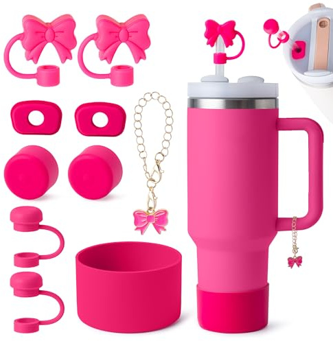 Stanley-Zubehör-Set, 10-teiliges Stanley-Zubehör-Set, enthält 2 x Strohabdeckungen, 1 niedlicher Schleifengriff-Anhänger, 2 x 3 auslaufsichere Silikon-Stopper, 1 x Silikon-Stiefel für Stanleys Cup 40