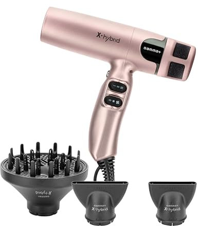 GAMMA+ X-Hybrid Ionischer Haartrockner, leicht, leise, ergonomisch, digitaler Motor 100.000 U/min, Dreifachschutzfilter, 2 Düsen, 1 Diffusor (Gold Rose)