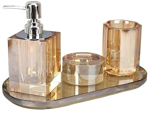 Juego baño 4 piezas cristal, jabonera ligera lujo, taza for dientes, dispensador gel, champán, accesorios tocador for decoración baño, mesa maquillaje, organización, juego artículos tocador modernos.
