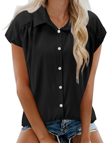 EFFAN Womens Blouse Cotton Black Shirts Cap Sleeve Blouses V Neck Summer Buttom Down Shirts Ladies Loose Fit Work Blouse Tops UK, Black, L