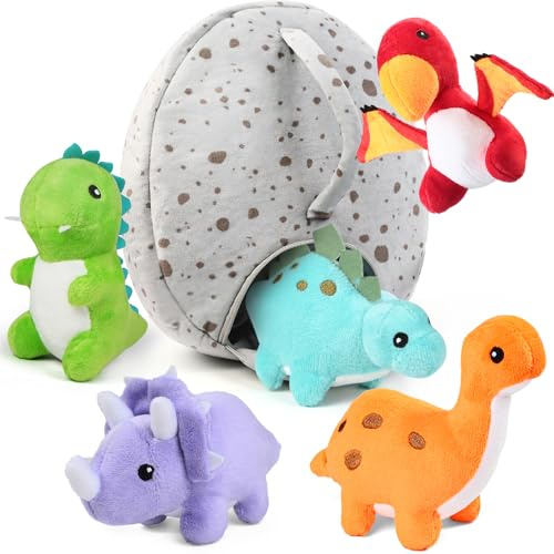 BenBen 5 Stück Dino Kuscheltier, Dinosaurier Plüschtier mit Tasche | Niedliches Stofftier, Weiches Material, Geschenk für Jungen und Mädchen