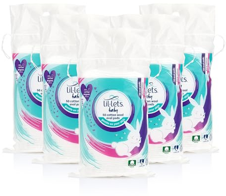 Lil-Lets Baby Cotton Wool Oval Pads, x 250 (5 Packs of 50 Ovals), Certified Organic, 100% Pure Cotton Wool, Soft and Absorbent, Gentle on Baby's Delicate Skin.