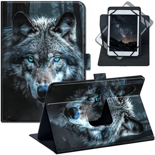 Universal-Schutzhülle für iPad 2025 11 Zoll / Samsung Tab A9+/Fire Max 11 (10,5-11,5 Zoll), PU-Leder, stoßfest, Standfunktion, für iPad Air 6, Galaxy Tab S10 FE, Lenovo Tab P11 Pro, Wolfsblaue Augen