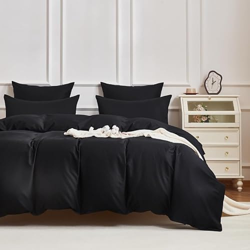 Gezu Bettwäsche 200x220cm Mako Satin Baumwollesatin Bettwäsche Set Schwarz 100% Baumwolle 3 Teilig Baumwolle Atmungsaktiv Weich Fein Bettbezug 200x220cm und Kissenbezug 80x80 mit Reissverschluss
