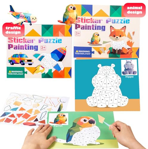 DOWNDRIFT Stickerbuch für Kinder ab 4-8，Kleben nach zahlen zum aufkleben, 32 Transport- und Tier sticker wow number，Kinder Stickerheft Zur Verbesserung Der Intelligenz für Schule Weihnachtsgeschenke